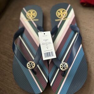 Tory Burch Navy and Multicolor Striped Sandals